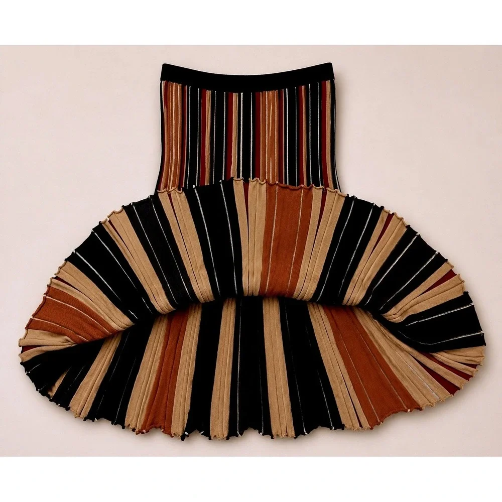 YPNO Italy Cognac Striped‎ Wool Blend Knit Maxi Skirt Size 44IT- US8 NWT